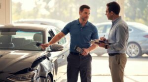 Estimator going over damage to front of vehicle - Avondale Estates Collision Center - Harley Collision Centers 