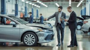 Estimator going over damaged toyota sedan - auto paint repair - Harley collision centers