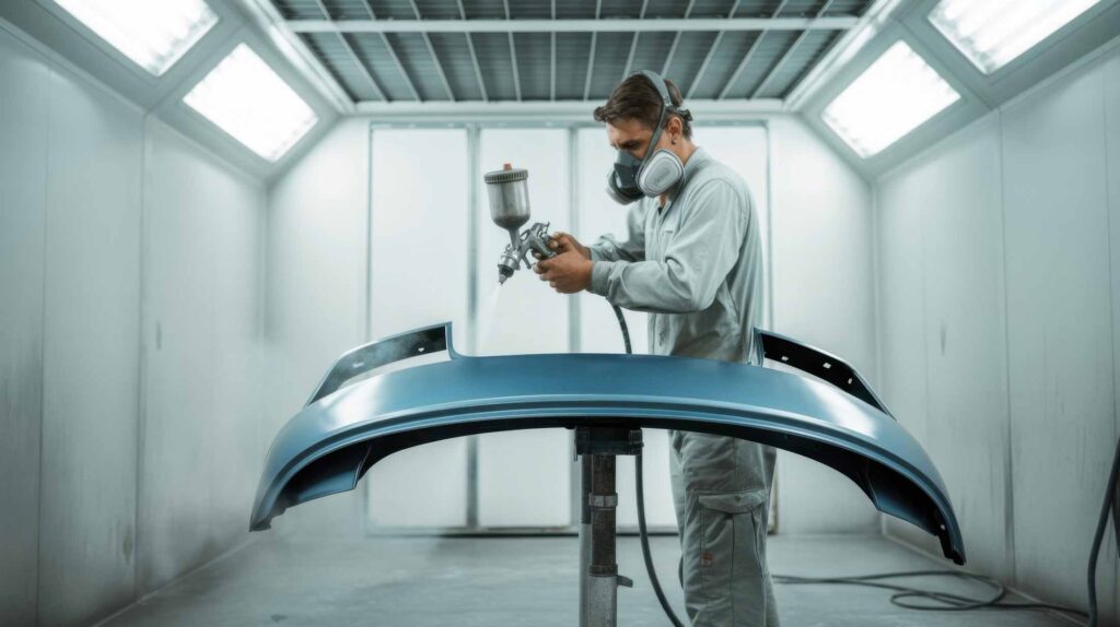 Painter in booth spraying blue bumper – collision repair services – covington collision repair – harley collision centers Painter in booth spraying blue bumper - collision repair services - covington collision repair - harley collision centers