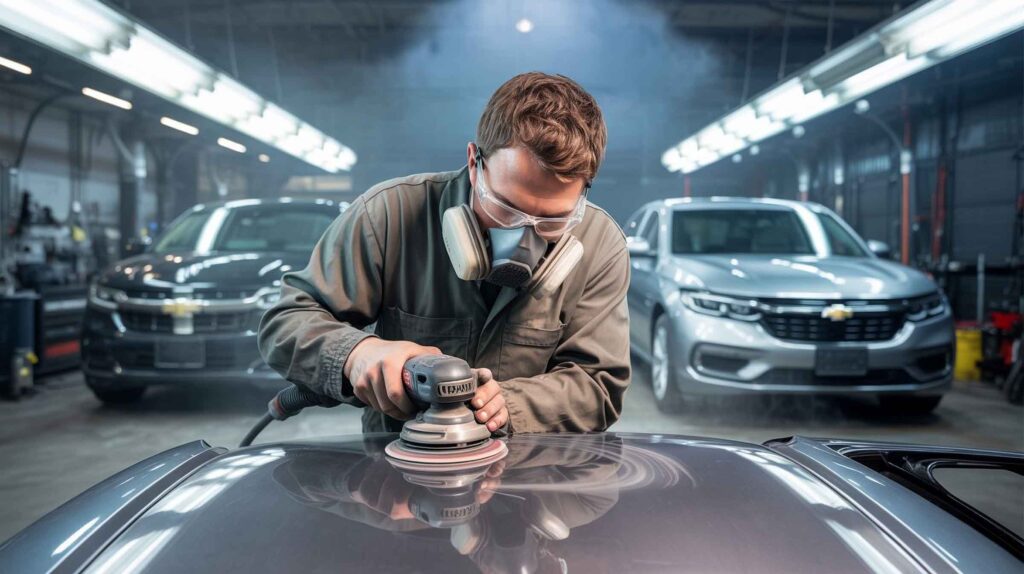 Technician using orbital on hood of vehicle – i-car gold class certified auto body repair – harley collision centers Technician using orbital on hood of vehicle - i-car gold class certified auto body repair - harley collision centers