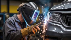 technician with welding mask on welding fender of vehicle - auto body repair - harley collision centers